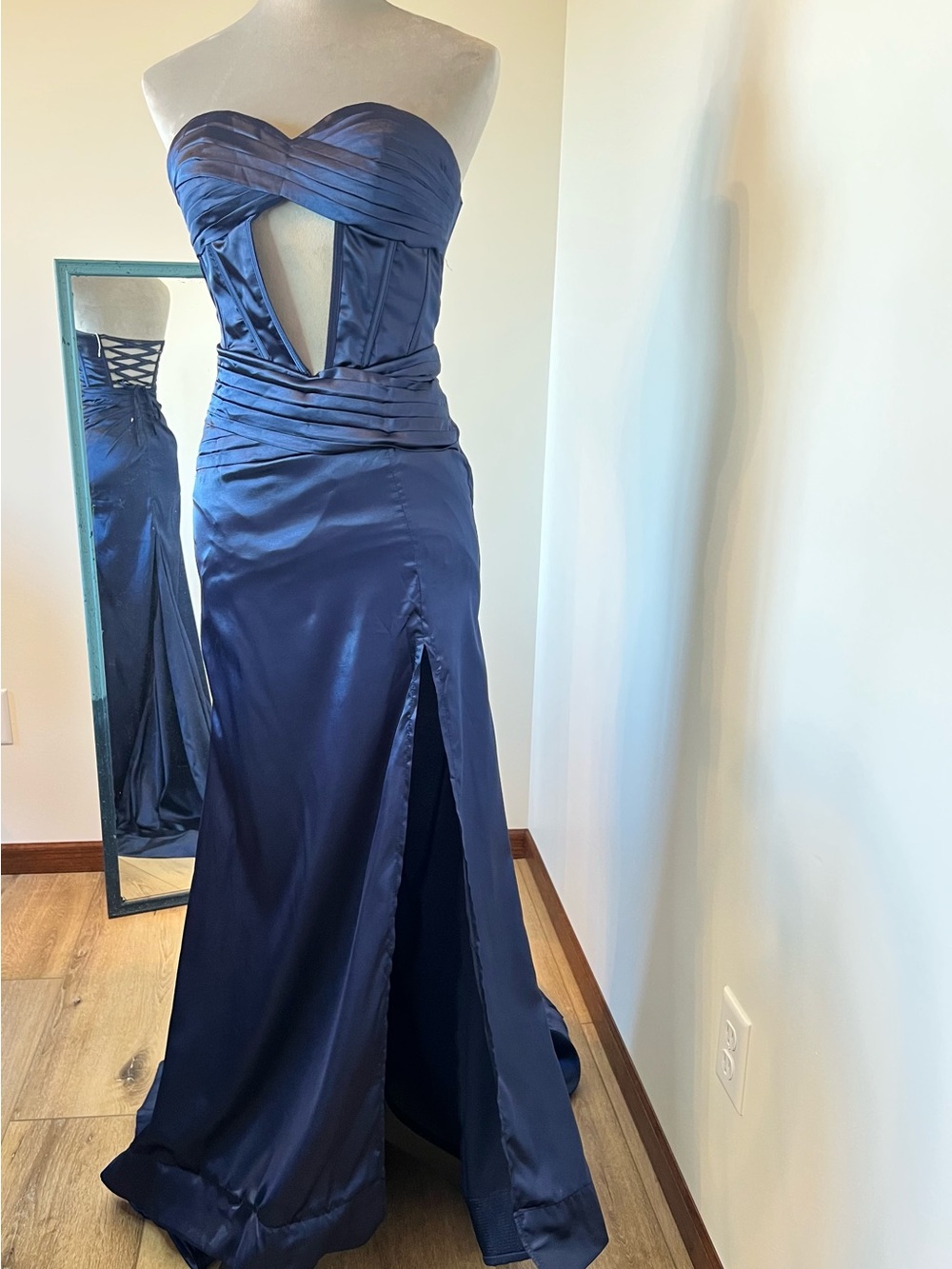 Strapless Navy Satin Evening Gown with Front Slit